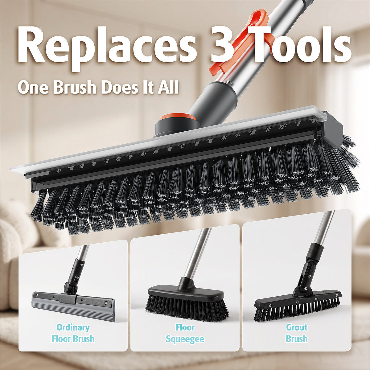 AIR U+ Floor Scrub Brush with Long Handle, 4 in 1 Floor Scrubber & Squeegee Small Scrubber with Stiff Dual-Sided Bristles and Rotating Head for Shower, Bathroom, Bathtub, Kitchen and Patio, Gray