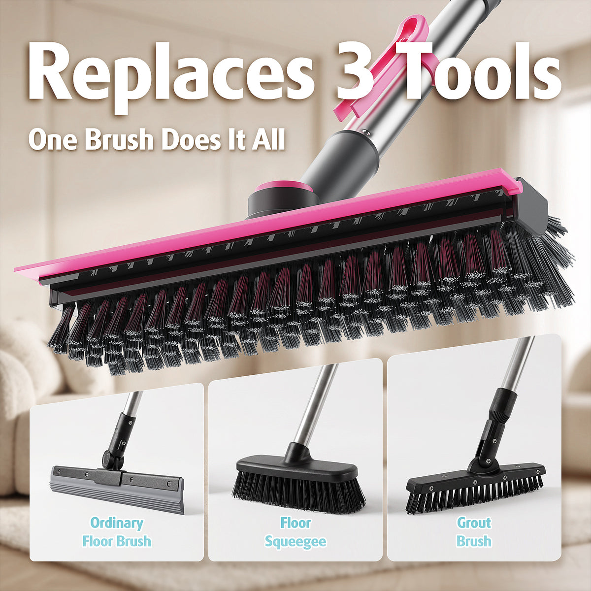 AIR U+ Floor Scrub Brush with Long Handle, 4 in 1 Floor Scrubber & Squeegee Small Scrubber with Stiff Dual-Sided Bristles and Rotating Head for Shower, Bathroom, Bathtub, Kitchen and Patio, Pink