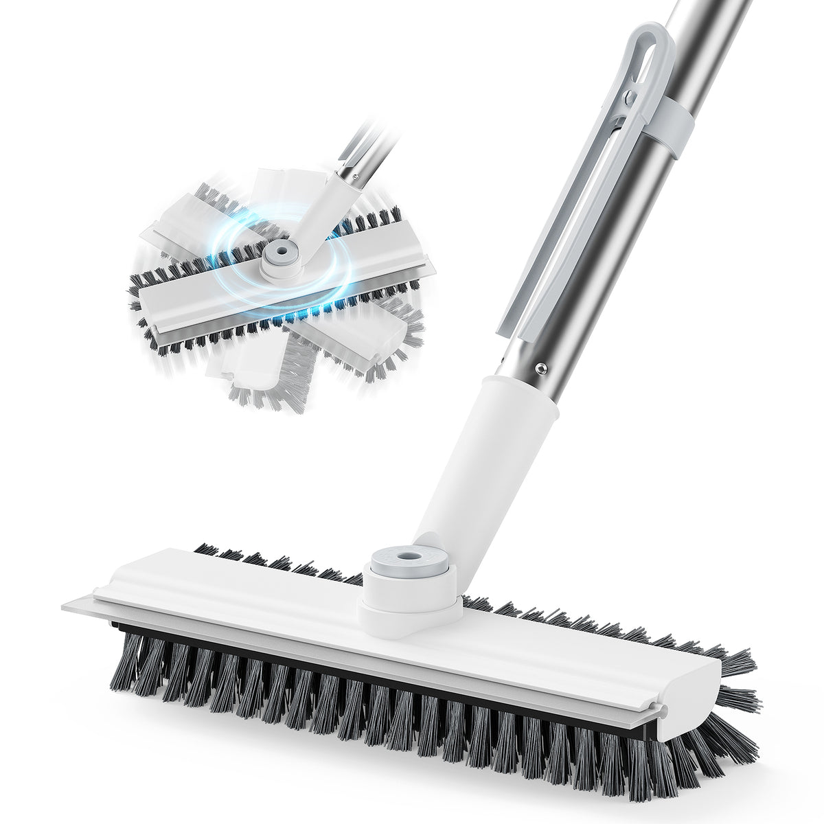 AIR U+ Floor Scrub Brush with Long Handle, 4 in 1 Floor Scrubber & Squeegee Small Scrubber with Stiff Dual-Sided Bristles and Rotating Head for Shower, Bathroom, Bathtub, Kitchen and Patio, White