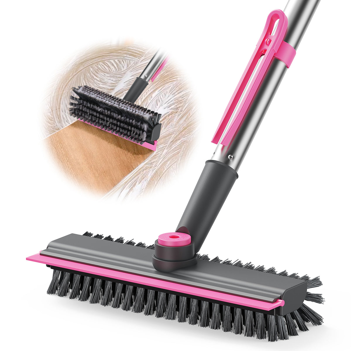 AIR U+ Floor Scrub Brush with Long Handle, 4 in 1 Floor Scrubber & Squeegee Small Scrubber with Stiff Dual-Sided Bristles and Rotating Head for Shower, Bathroom, Bathtub, Kitchen and Patio, Pink