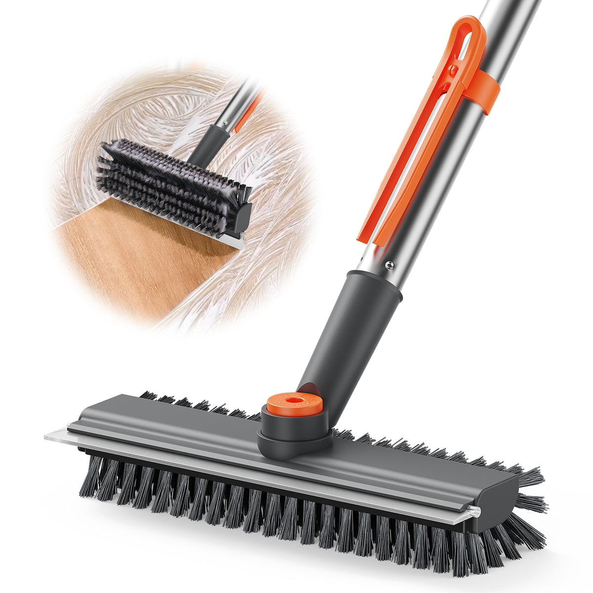AIR U+ Floor Scrub Brush with Long Handle, 4 in 1 Floor Scrubber & Squeegee Small Scrubber with Stiff Dual-Sided Bristles and Rotating Head for Shower, Bathroom, Bathtub, Kitchen and Patio, Gray