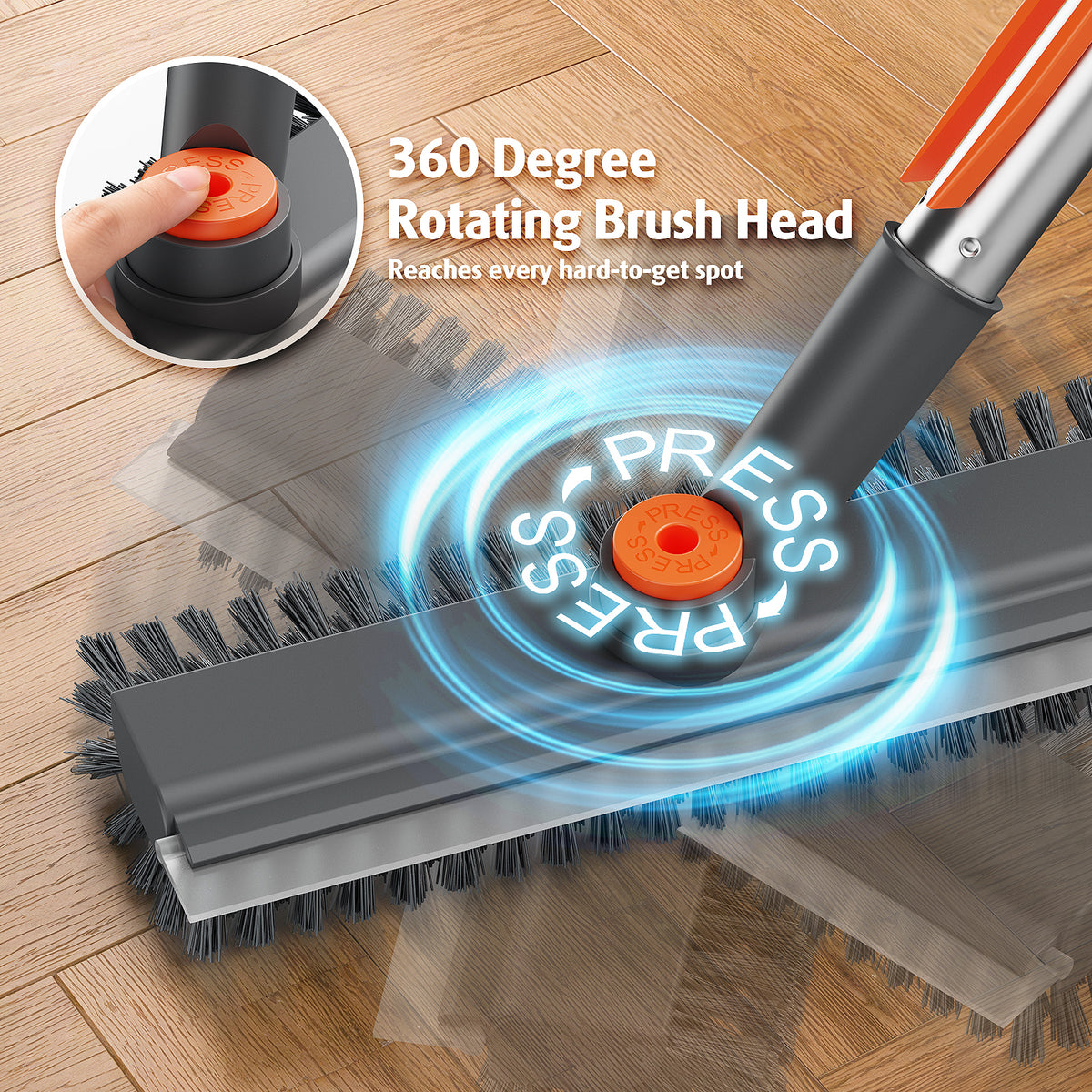 AIR U+ Floor Scrub Brush with Long Handle, 4 in 1 Floor Scrubber & Squeegee Small Scrubber with Stiff Dual-Sided Bristles and Rotating Head for Shower, Bathroom, Bathtub, Kitchen and Patio, Gray