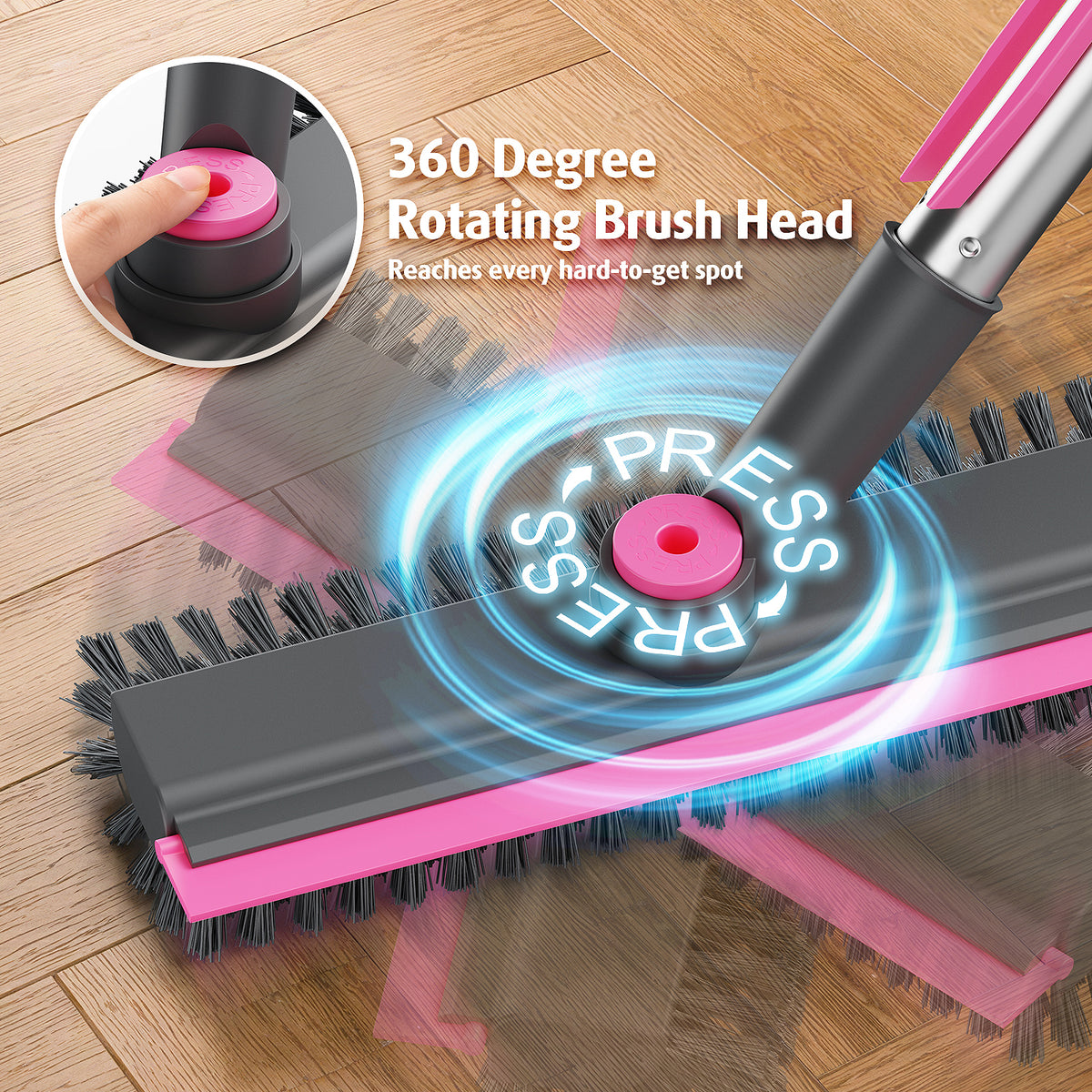 AIR U+ Floor Scrub Brush with Long Handle, 4 in 1 Floor Scrubber & Squeegee Small Scrubber with Stiff Dual-Sided Bristles and Rotating Head for Shower, Bathroom, Bathtub, Kitchen and Patio, Pink
