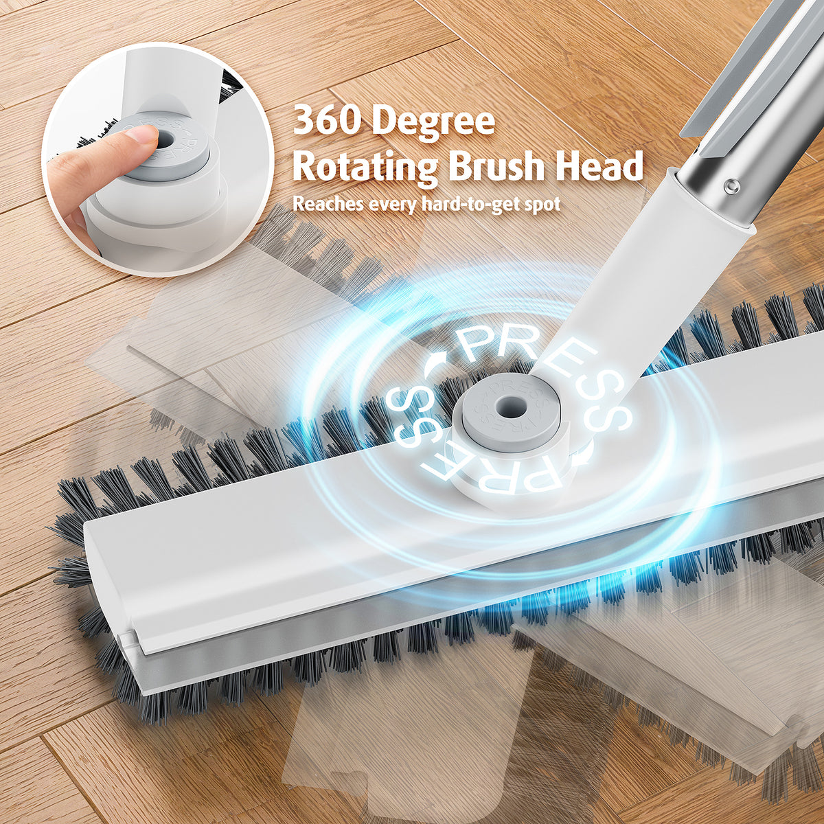 AIR U+ Floor Scrub Brush with Long Handle, 4 in 1 Floor Scrubber & Squeegee Small Scrubber with Stiff Dual-Sided Bristles and Rotating Head for Shower, Bathroom, Bathtub, Kitchen and Patio, White