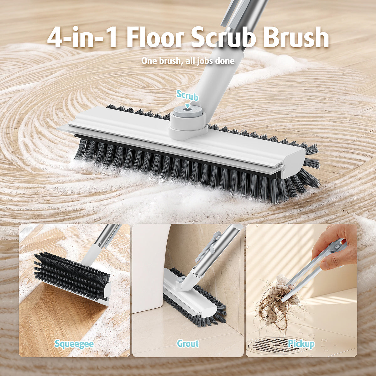AIR U+ Floor Scrub Brush with Long Handle, 4 in 1 Floor Scrubber & Squeegee Small Scrubber with Stiff Dual-Sided Bristles and Rotating Head for Shower, Bathroom, Bathtub, Kitchen and Patio, White