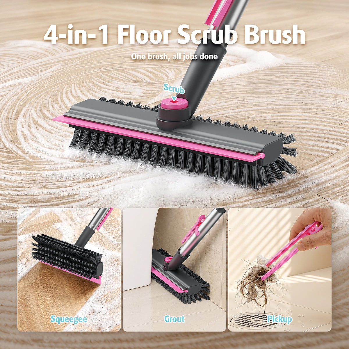 AIR U+ Floor Scrub Brush with Long Handle, 4 in 1 Floor Scrubber & Squeegee Small Scrubber with Stiff Dual-Sided Bristles and Rotating Head for Shower, Bathroom, Bathtub, Kitchen and Patio, Pink