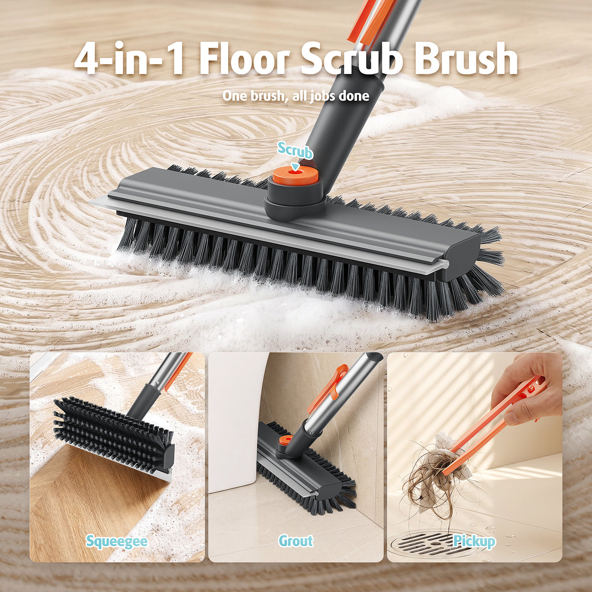 AIR U+ Floor Scrub Brush with Long Handle, 4 in 1 Floor Scrubber & Squeegee Small Scrubber with Stiff Dual-Sided Bristles and Rotating Head for Shower, Bathroom, Bathtub, Kitchen and Patio, Gray