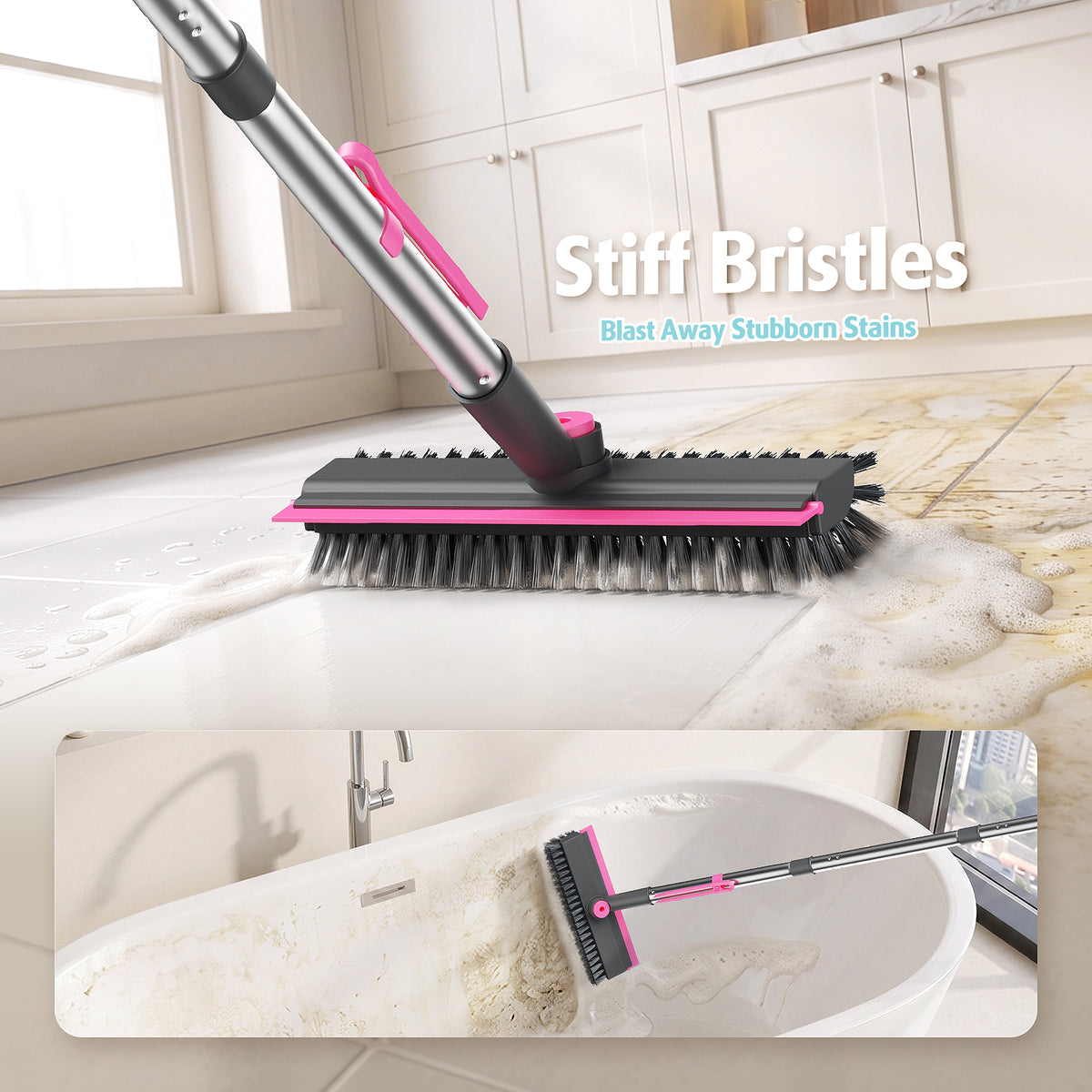 AIR U+ Floor Scrub Brush with Long Handle, 4 in 1 Floor Scrubber & Squeegee Small Scrubber with Stiff Dual-Sided Bristles and Rotating Head for Shower, Bathroom, Bathtub, Kitchen and Patio, Pink