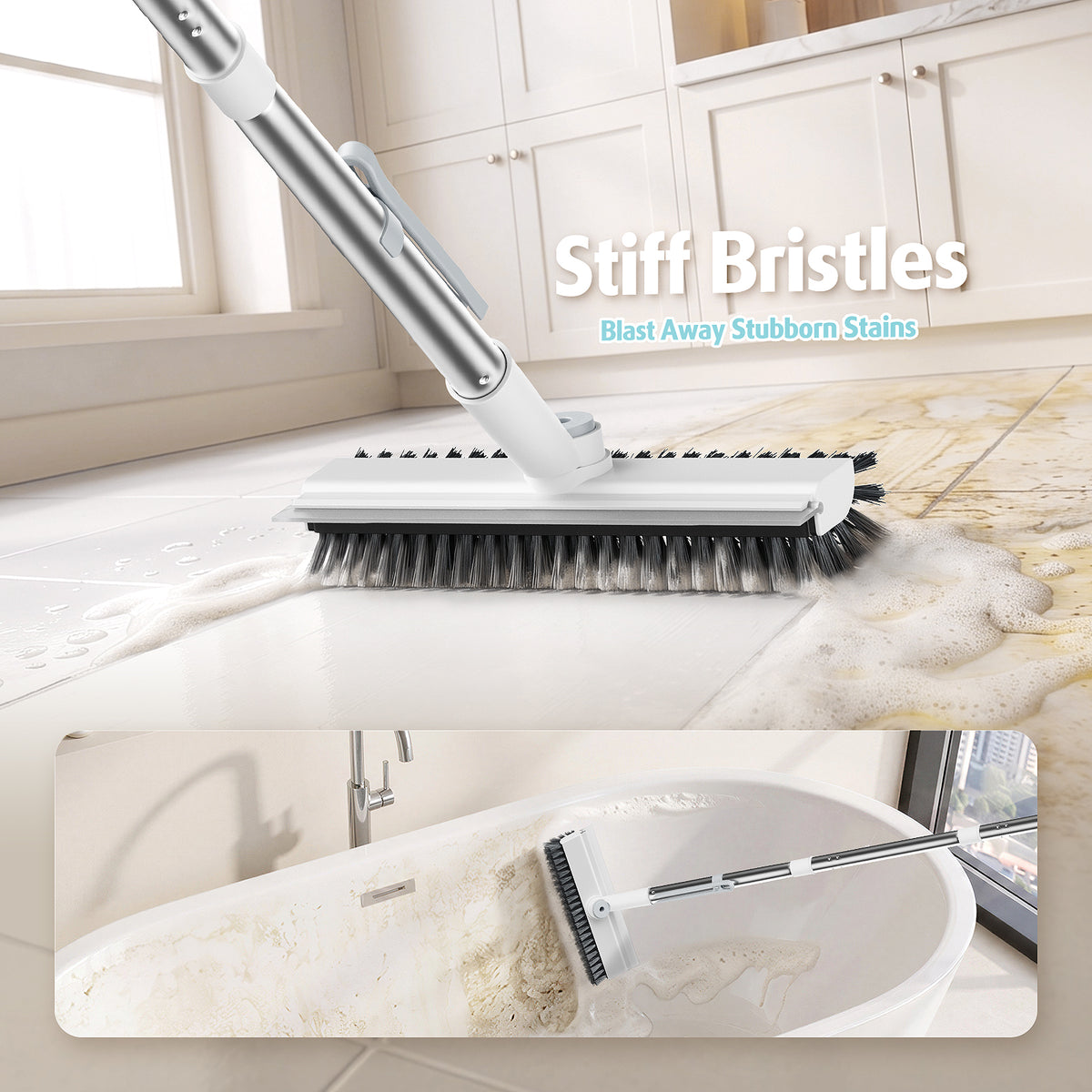 AIR U+ Floor Scrub Brush with Long Handle, 4 in 1 Floor Scrubber & Squeegee Small Scrubber with Stiff Dual-Sided Bristles and Rotating Head for Shower, Bathroom, Bathtub, Kitchen and Patio, White