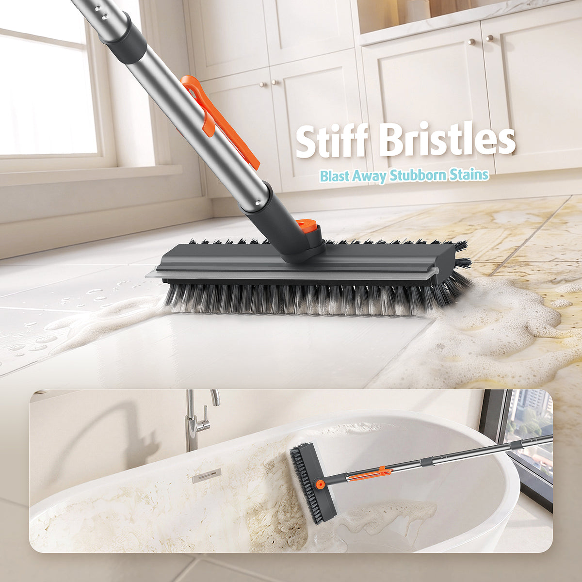 AIR U+ Floor Scrub Brush with Long Handle, 4 in 1 Floor Scrubber & Squeegee Small Scrubber with Stiff Dual-Sided Bristles and Rotating Head for Shower, Bathroom, Bathtub, Kitchen and Patio, Gray