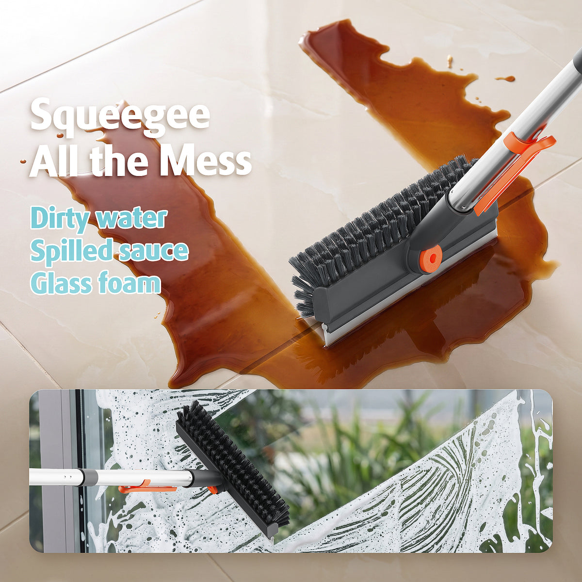 AIR U+ Floor Scrub Brush with Long Handle, 4 in 1 Floor Scrubber & Squeegee Small Scrubber with Stiff Dual-Sided Bristles and Rotating Head for Shower, Bathroom, Bathtub, Kitchen and Patio, Gray