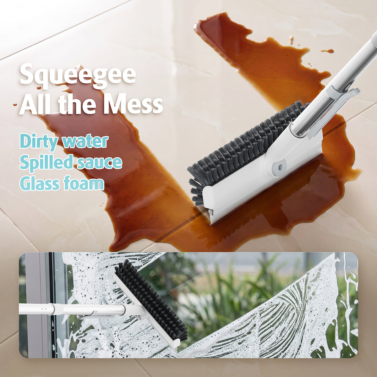 AIR U+ Floor Scrub Brush with Long Handle, 4 in 1 Floor Scrubber & Squeegee Small Scrubber with Stiff Dual-Sided Bristles and Rotating Head for Shower, Bathroom, Bathtub, Kitchen and Patio, White