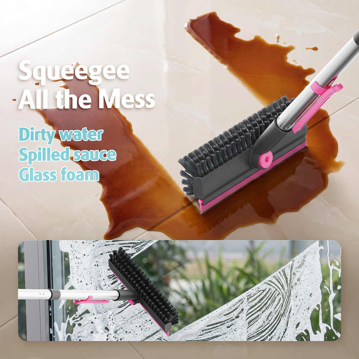 AIR U+ Floor Scrub Brush with Long Handle, 4 in 1 Floor Scrubber & Squeegee Small Scrubber with Stiff Dual-Sided Bristles and Rotating Head for Shower, Bathroom, Bathtub, Kitchen and Patio, Pink