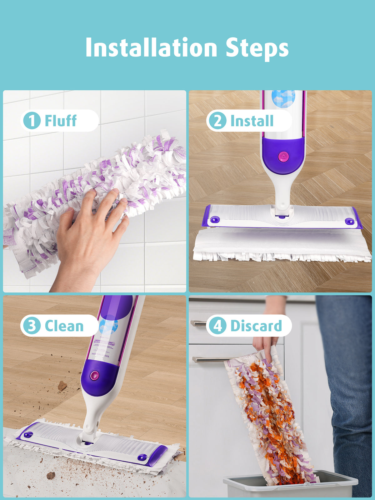 AIR U+ 48 Pack Disposable Power Mop Pads Refills for Swiffer Power Mop Unscented 14-Layer Thickened, Wet and Dry Use, Multi-Surface Replacement Mopping Refills Pads for Floor Surface Cleaning