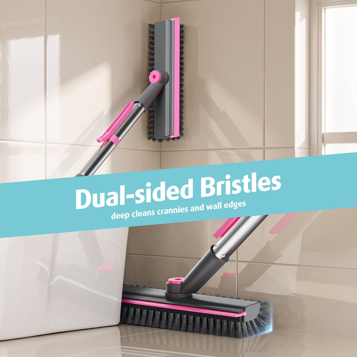 AIR U+ Floor Scrub Brush with Long Handle, 4 in 1 Floor Scrubber & Squeegee Small Scrubber with Stiff Dual-Sided Bristles and Rotating Head for Shower, Bathroom, Bathtub, Kitchen and Patio, Pink