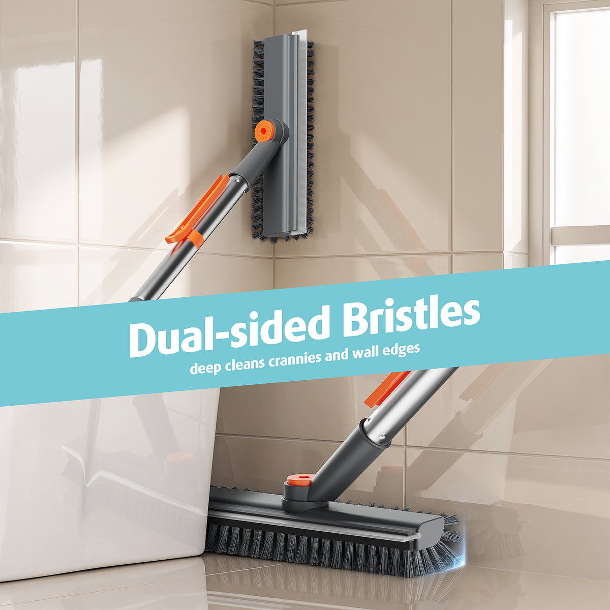 AIR U+ Floor Scrub Brush with Long Handle, 4 in 1 Floor Scrubber & Squeegee Small Scrubber with Stiff Dual-Sided Bristles and Rotating Head for Shower, Bathroom, Bathtub, Kitchen and Patio, Gray