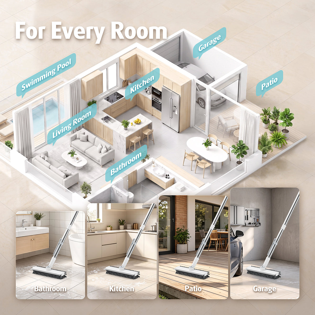 AIR U+ Floor Scrub Brush with Long Handle, 4 in 1 Floor Scrubber & Squeegee Small Scrubber with Stiff Dual-Sided Bristles and Rotating Head for Shower, Bathroom, Bathtub, Kitchen and Patio, White