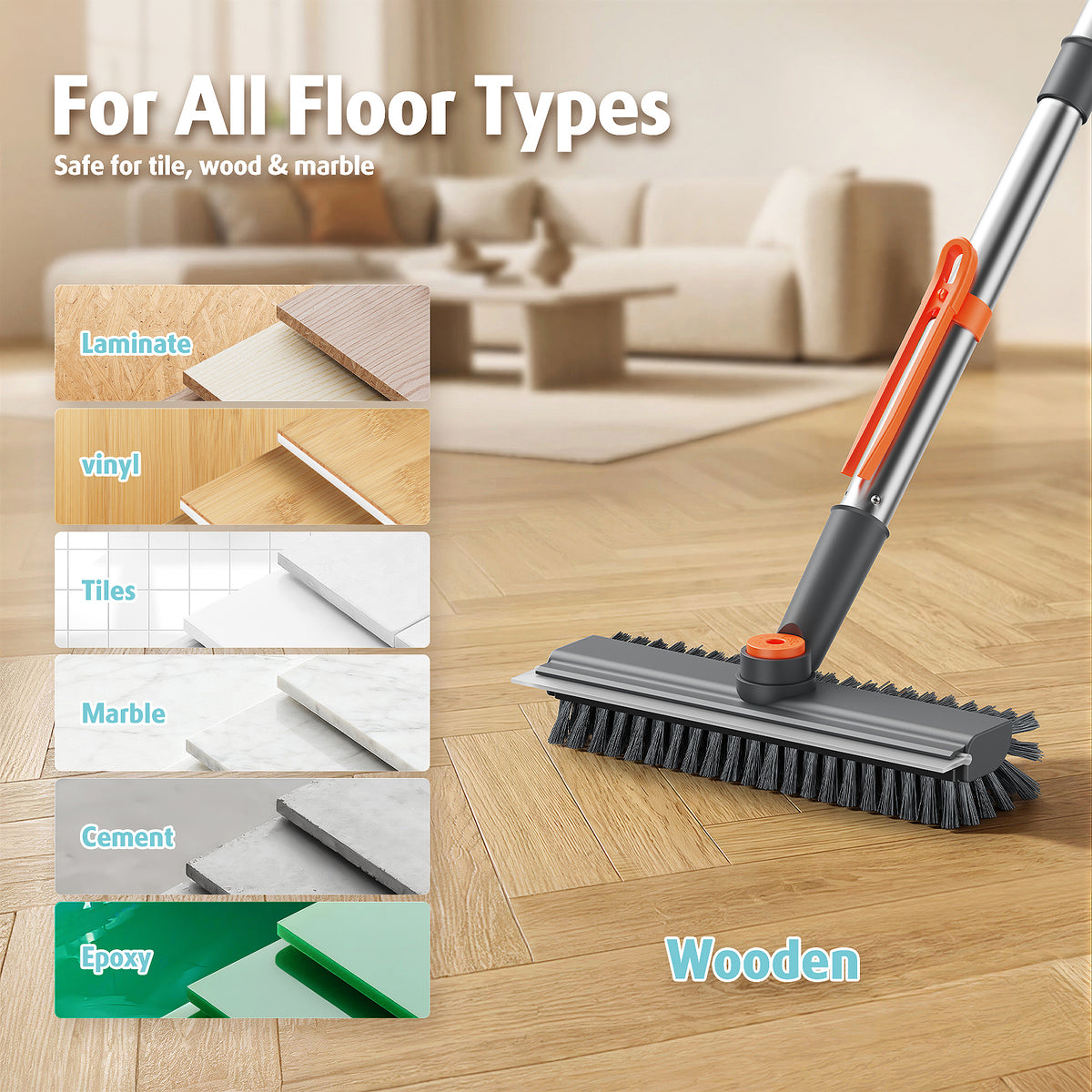 AIR U+ Floor Scrub Brush with Long Handle, 4 in 1 Floor Scrubber & Squeegee Small Scrubber with Stiff Dual-Sided Bristles and Rotating Head for Shower, Bathroom, Bathtub, Kitchen and Patio, Gray