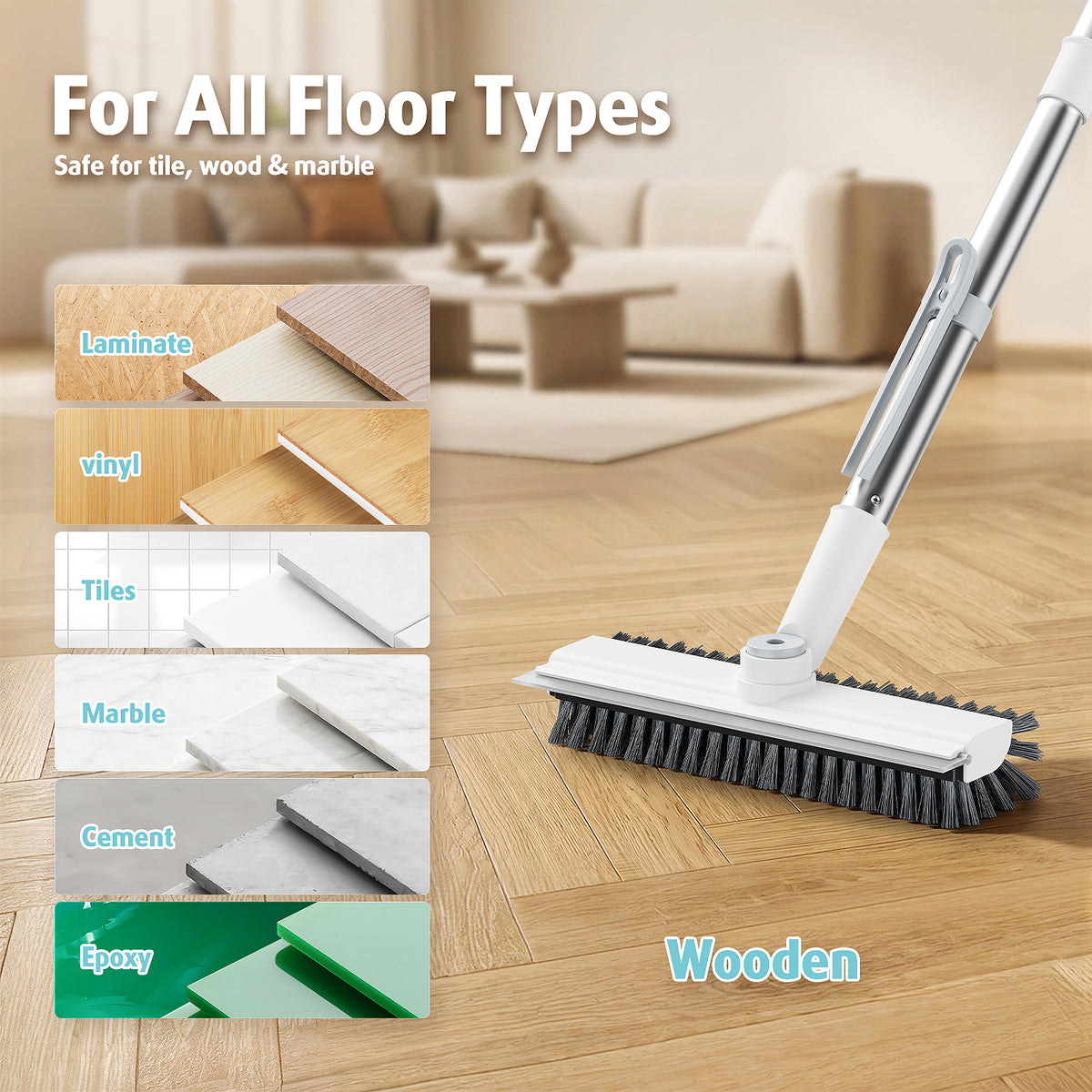 AIR U+ Floor Scrub Brush with Long Handle, 4 in 1 Floor Scrubber & Squeegee Small Scrubber with Stiff Dual-Sided Bristles and Rotating Head for Shower, Bathroom, Bathtub, Kitchen and Patio, White