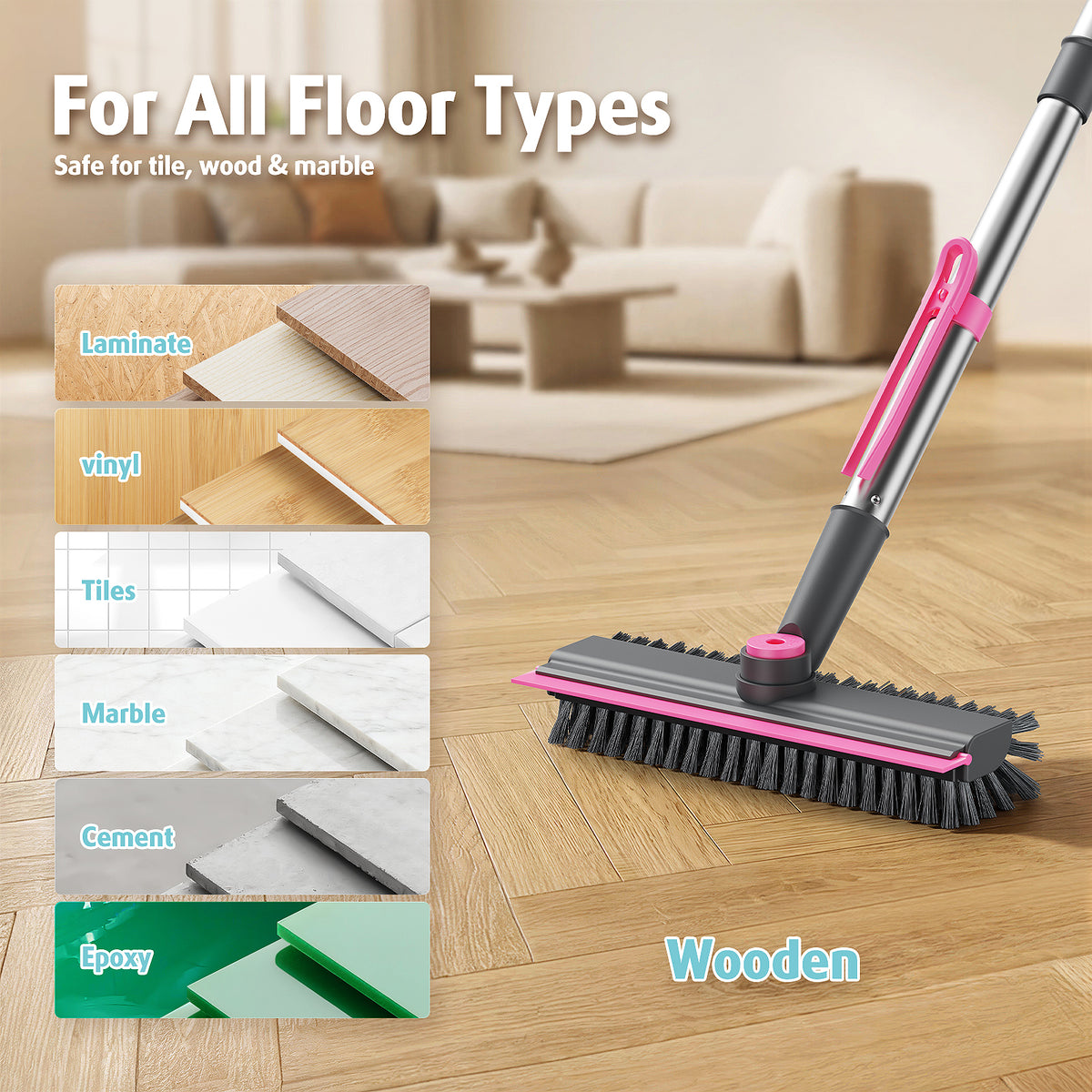 AIR U+ Floor Scrub Brush with Long Handle, 4 in 1 Floor Scrubber & Squeegee Small Scrubber with Stiff Dual-Sided Bristles and Rotating Head for Shower, Bathroom, Bathtub, Kitchen and Patio, Pink