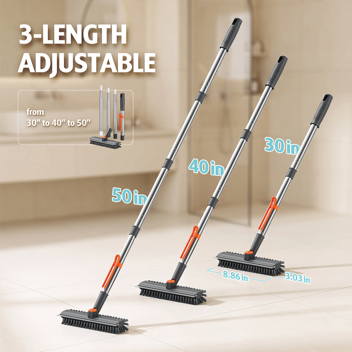 AIR U+ Floor Scrub Brush with Long Handle, 4 in 1 Floor Scrubber & Squeegee Small Scrubber with Stiff Dual-Sided Bristles and Rotating Head for Shower, Bathroom, Bathtub, Kitchen and Patio, Gray