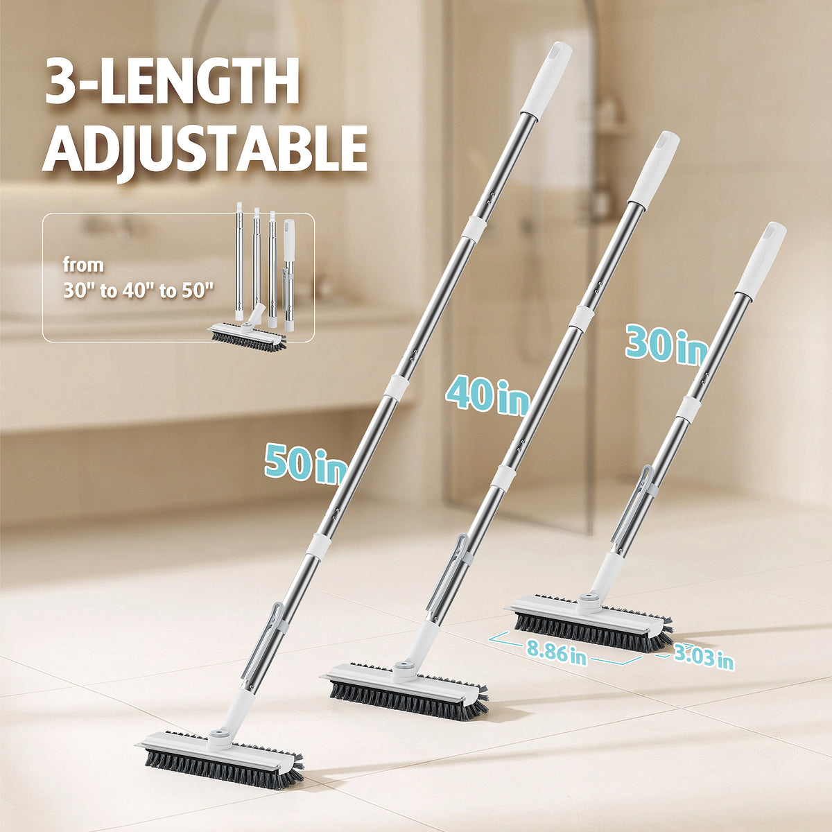 AIR U+ Floor Scrub Brush with Long Handle, 4 in 1 Floor Scrubber & Squeegee Small Scrubber with Stiff Dual-Sided Bristles and Rotating Head for Shower, Bathroom, Bathtub, Kitchen and Patio, White