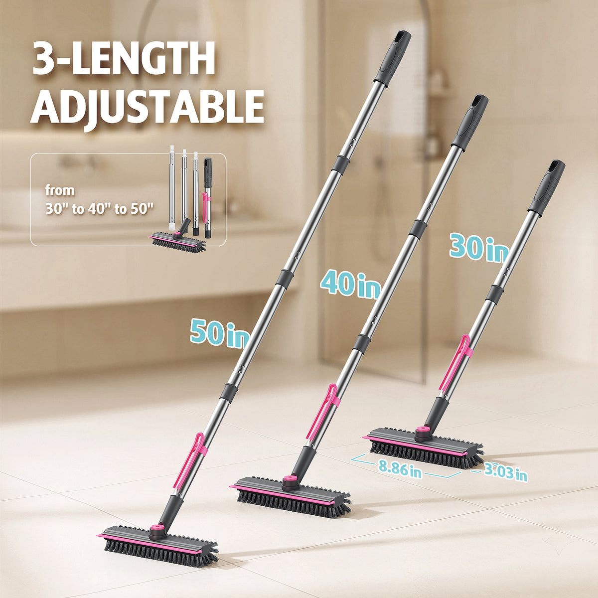 AIR U+ Floor Scrub Brush with Long Handle, 4 in 1 Floor Scrubber & Squeegee Small Scrubber with Stiff Dual-Sided Bristles and Rotating Head for Shower, Bathroom, Bathtub, Kitchen and Patio, Pink
