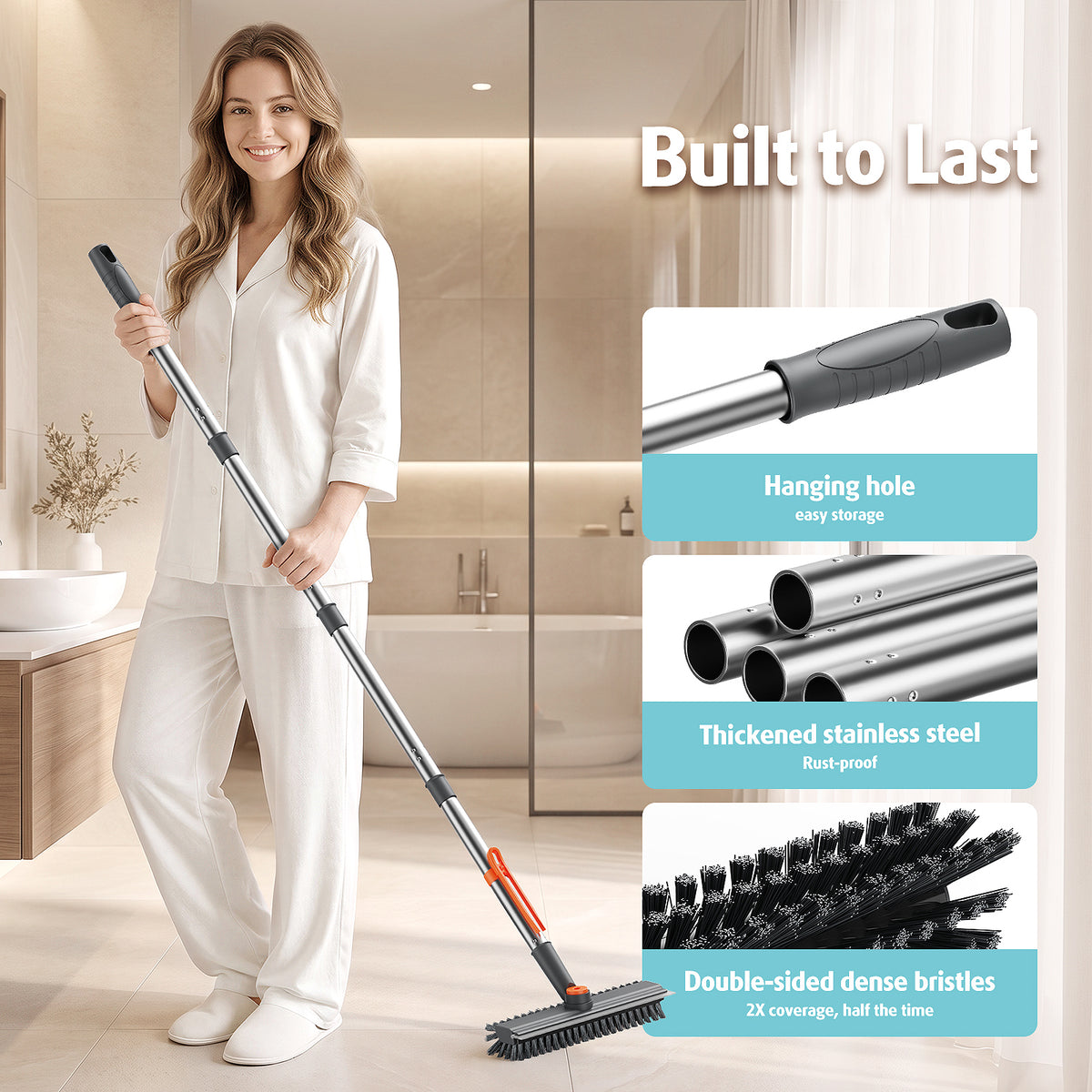 AIR U+ Floor Scrub Brush with Long Handle, 4 in 1 Floor Scrubber & Squeegee Small Scrubber with Stiff Dual-Sided Bristles and Rotating Head for Shower, Bathroom, Bathtub, Kitchen and Patio, Gray