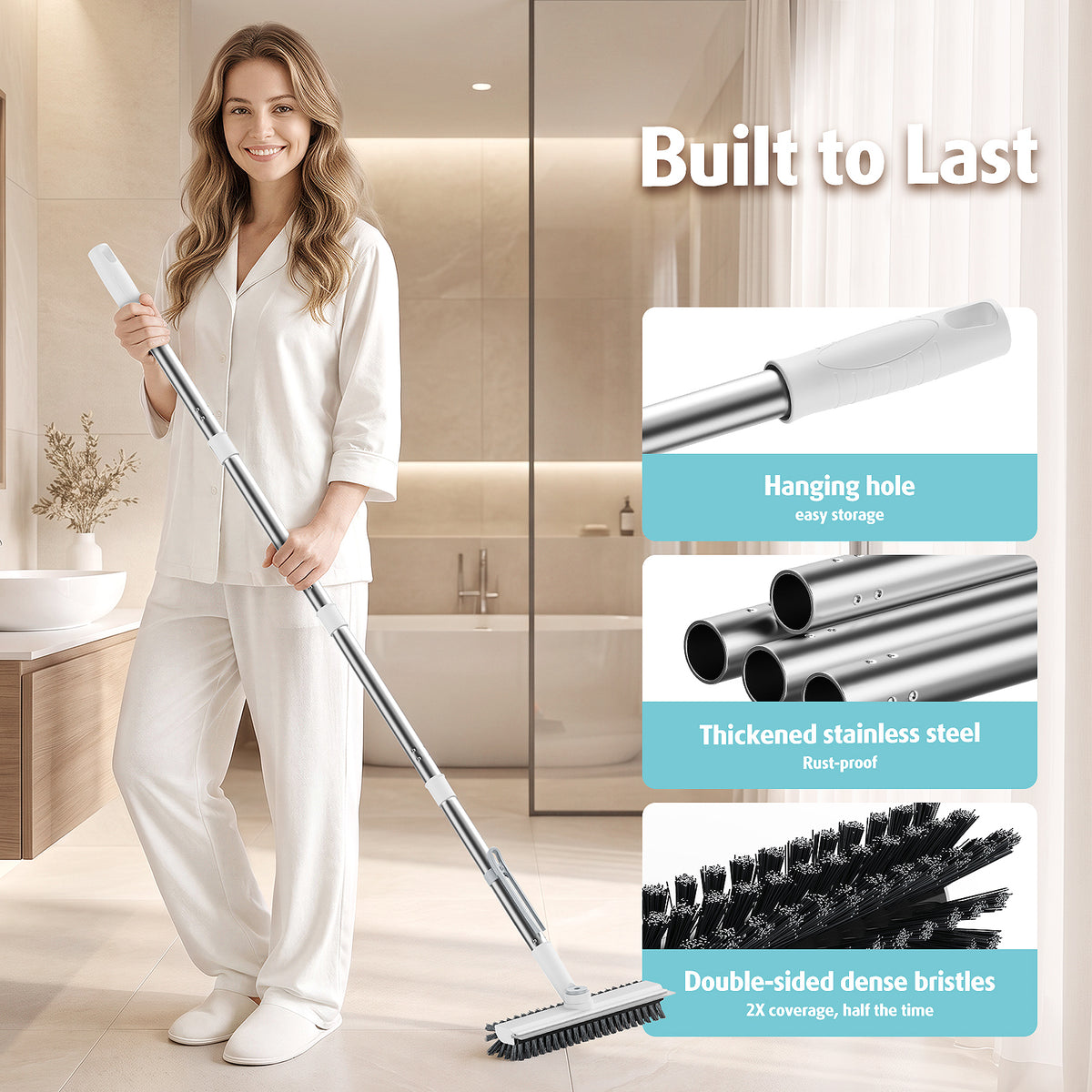 AIR U+ Floor Scrub Brush with Long Handle, 4 in 1 Floor Scrubber & Squeegee Small Scrubber with Stiff Dual-Sided Bristles and Rotating Head for Shower, Bathroom, Bathtub, Kitchen and Patio, White