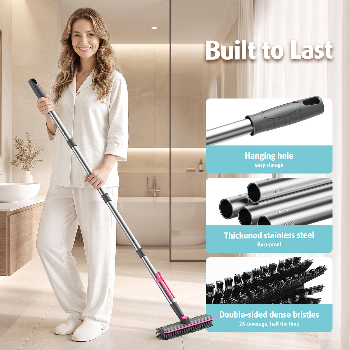 AIR U+ Floor Scrub Brush with Long Handle, 4 in 1 Floor Scrubber & Squeegee Small Scrubber with Stiff Dual-Sided Bristles and Rotating Head for Shower, Bathroom, Bathtub, Kitchen and Patio, Pink