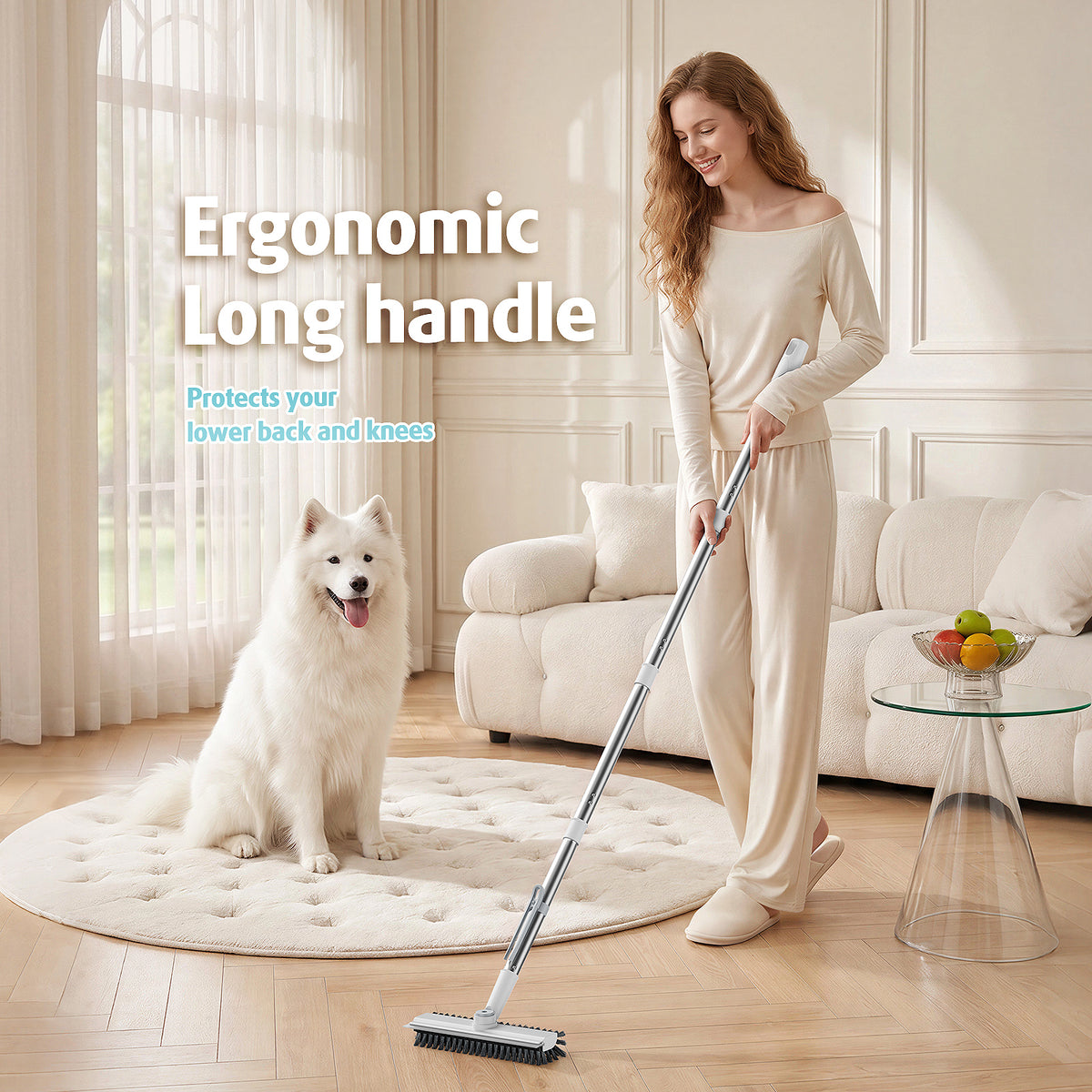 AIR U+ Floor Scrub Brush with Long Handle, 4 in 1 Floor Scrubber & Squeegee Small Scrubber with Stiff Dual-Sided Bristles and Rotating Head for Shower, Bathroom, Bathtub, Kitchen and Patio, White