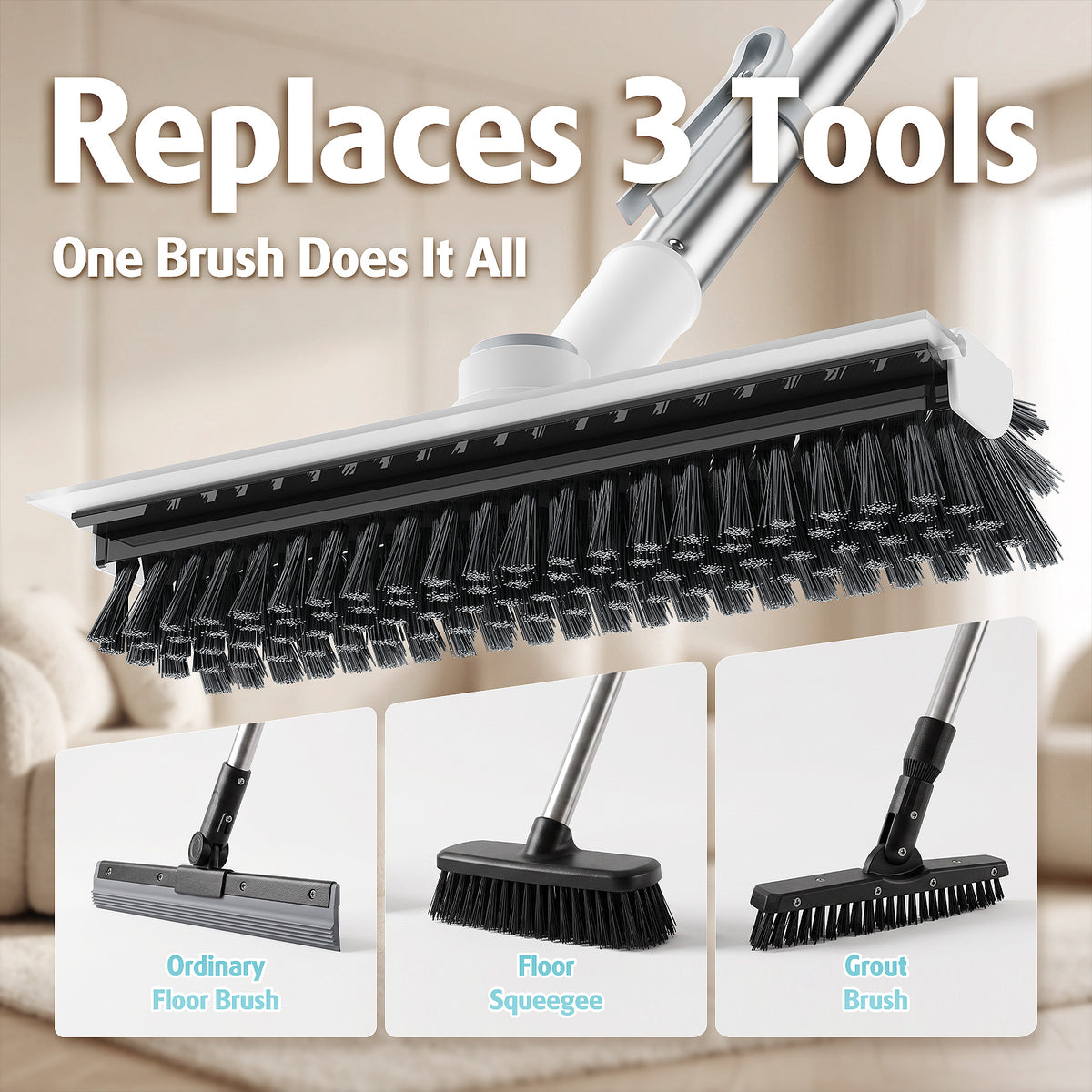 AIR U+ Floor Scrub Brush with Long Handle, 4 in 1 Floor Scrubber & Squeegee Small Scrubber with Stiff Dual-Sided Bristles and Rotating Head for Shower, Bathroom, Bathtub, Kitchen and Patio, White