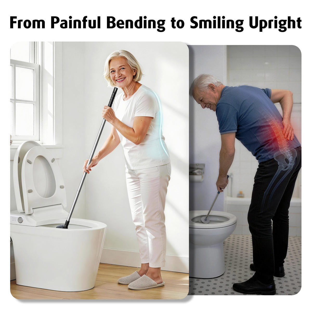 Toilet Bowl Brush with Long Handle, 23-42inch Adjustable 4-Section Aluminum Pole, Durable Nylon Bristles, No Bending Bathroom Cleaning Brush for Seniors, Pregnant Women, Back Pain Sufferers, Janitors