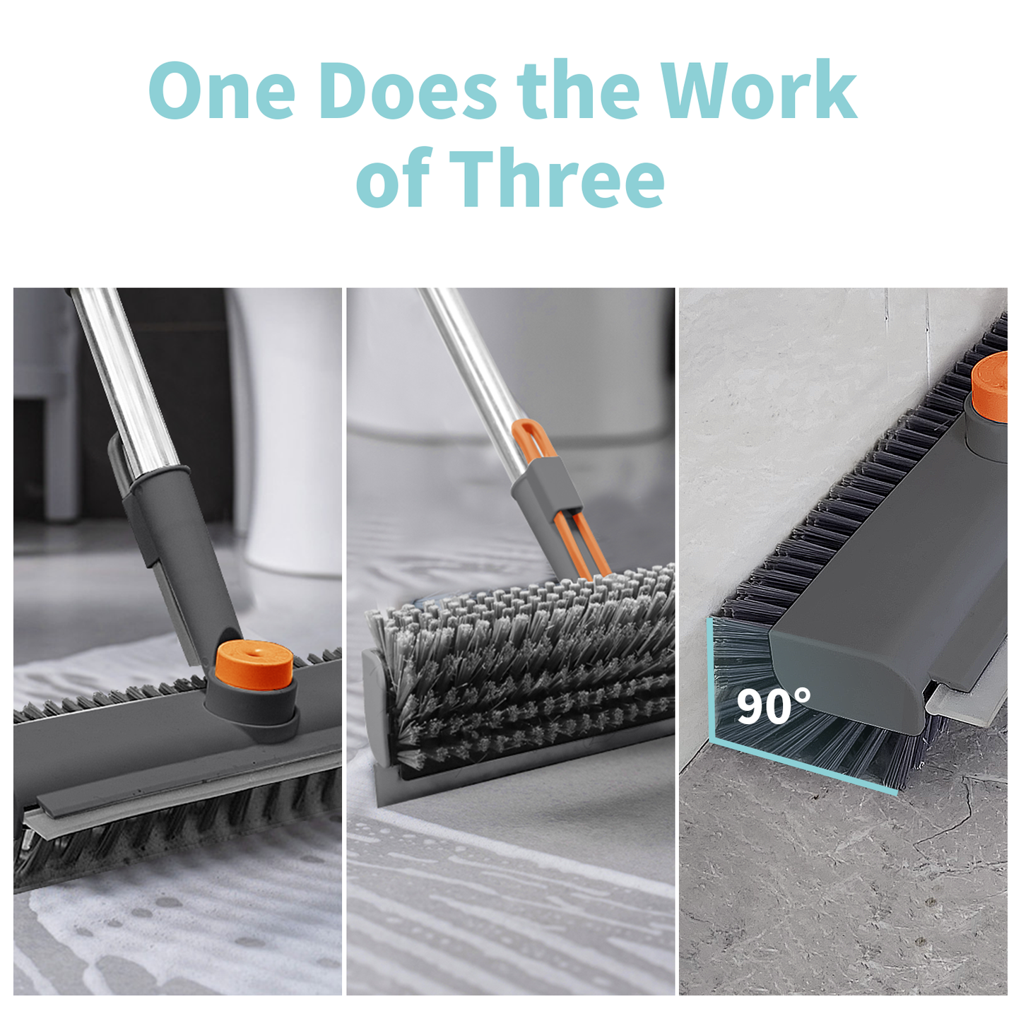 AIR U+ Floor Scrub Brush with Long Handle, Household Cleaning Brush with Right Angled Bristle & Scraper, 360° Swivel Heads, Shower Scrubber for Patio Bathroom Garage Kitchen Wall Deck Tile