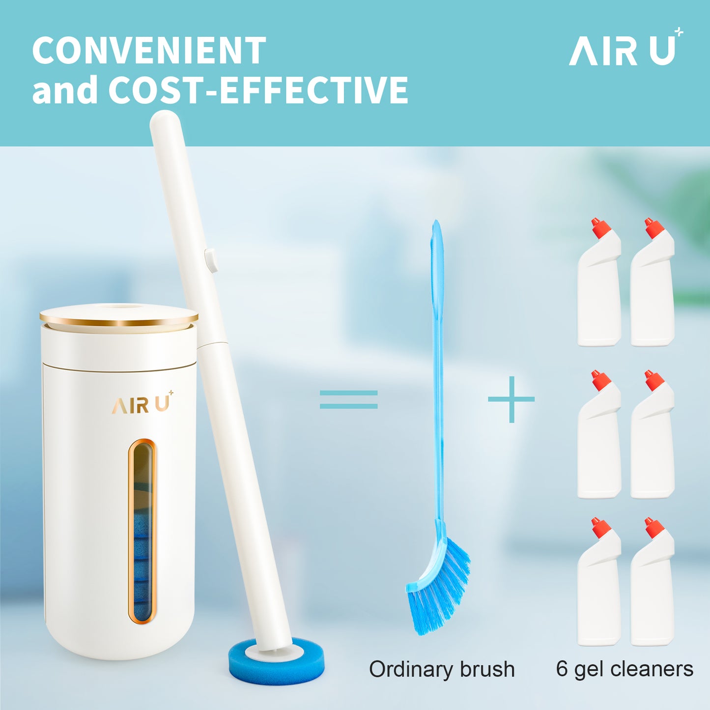 AIR U+ Disposable Toilet Brush, Toilet Bowl Cleaning System with 24 Wand Refill, Cleaner Brush Starter Kit with 1 Toilet Wand, 1 Storage Caddy and 1 Fragrant Tablet (1 + 24)