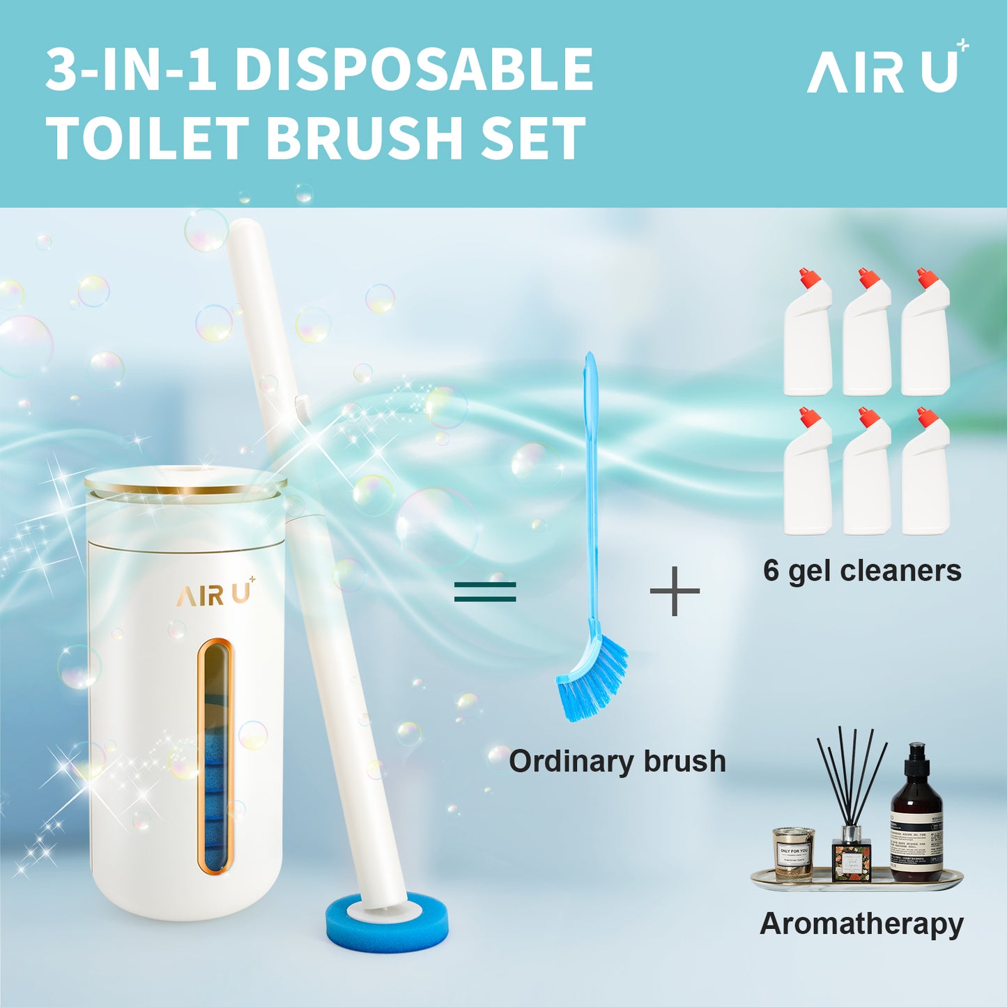 AIR U+ Disposable Toilet Brush, Toilet Bowl Cleaning System with 24 Wand Refill, Cleaner Brush Starter Kit with 1 Toilet Wand, 1 Storage Caddy and 1 Fragrant Tablet (1 + 24)