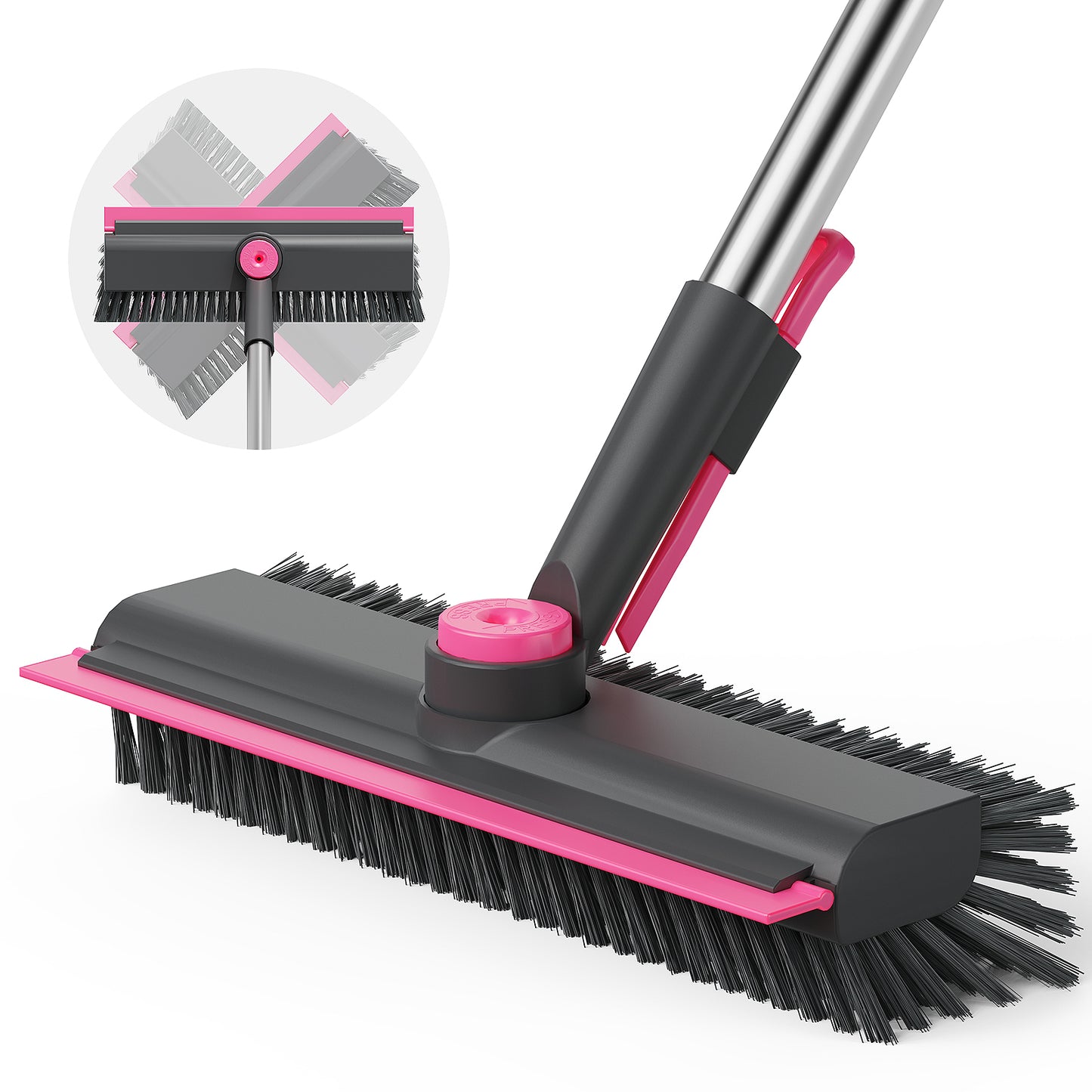 AIR U+ Floor Scrub Brush with Long Handle, 3 in 1 Scrape and Heavy-Duty Stiff Bristle Scrubber Brush for Cleaning Shower Bathroom, Patio, Pool, Garage, Kitchen, Wall and Deck, Gray and Pink