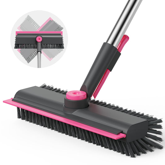 AIR U+ Floor Scrub Brush with Long Handle, 3 in 1 Scrape and Heavy-Duty Stiff Bristle Scrubber Brush for Cleaning Shower Bathroom, Patio, Pool, Garage, Kitchen, Wall and Deck, Gray and Pink