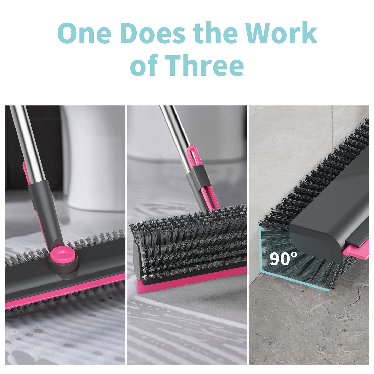 AIR U+ Floor Scrub Brush with Long Handle, 3 in 1 Scrape and Heavy-Duty Stiff Bristle Scrubber Brush for Cleaning Shower Bathroom, Patio, Pool, Garage, Kitchen, Wall and Deck, Gray and Pink