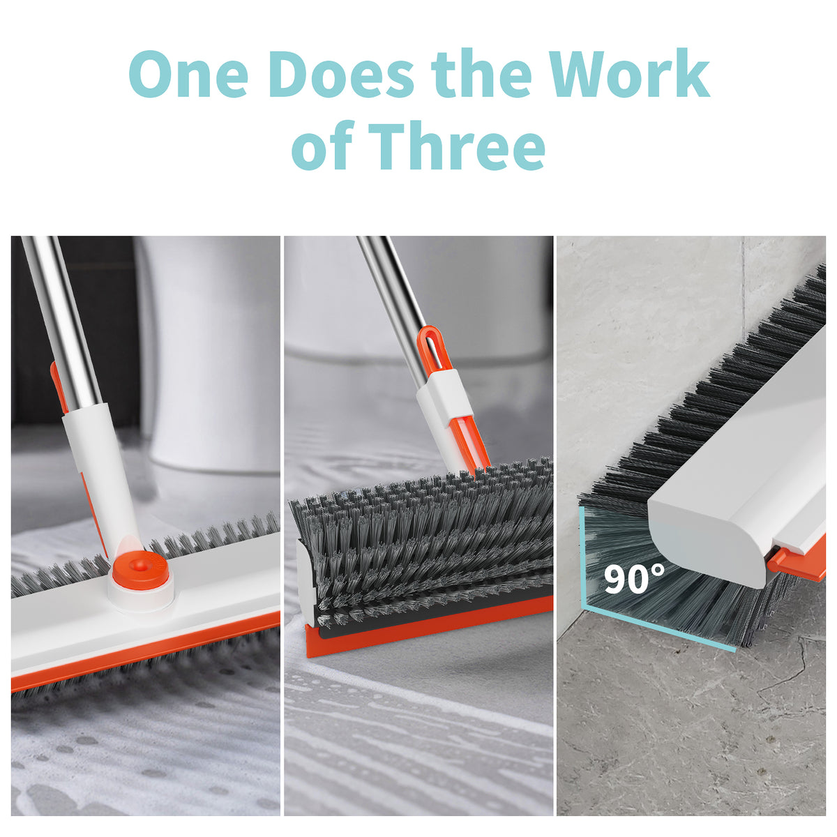 AIR U+ Floor Scrub Brush with Long Handle, 3-in-1 Rotating Head & Squeegee
