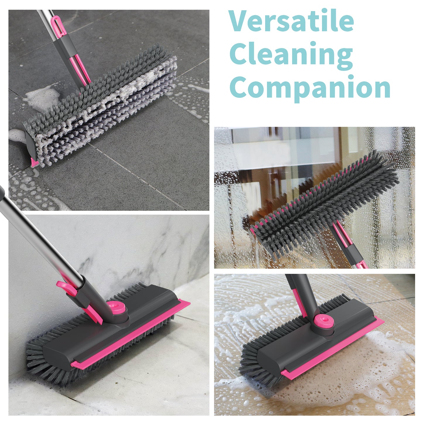 AIR U+ Floor Scrub Brush with Long Handle, 3 in 1 Scrape and Heavy-Duty Stiff Bristle Scrubber Brush for Cleaning Shower Bathroom, Patio, Pool, Garage, Kitchen, Wall and Deck, Gray and Pink
