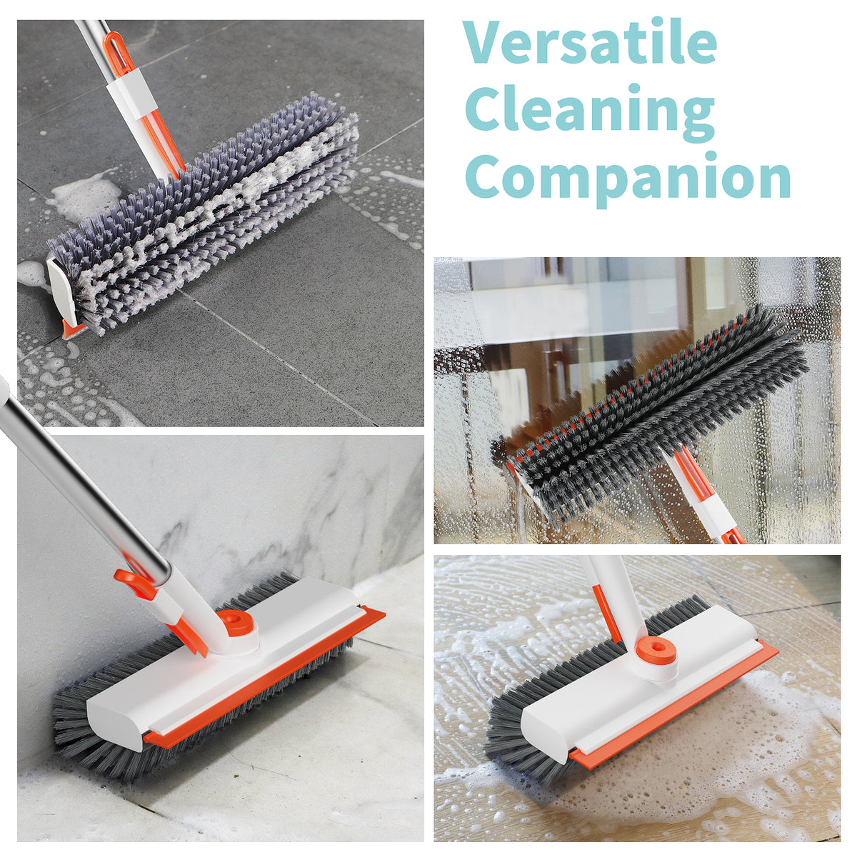AIR U+ Floor Scrub Brush with Long Handle, 3-in-1 Rotating Head & Squeegee