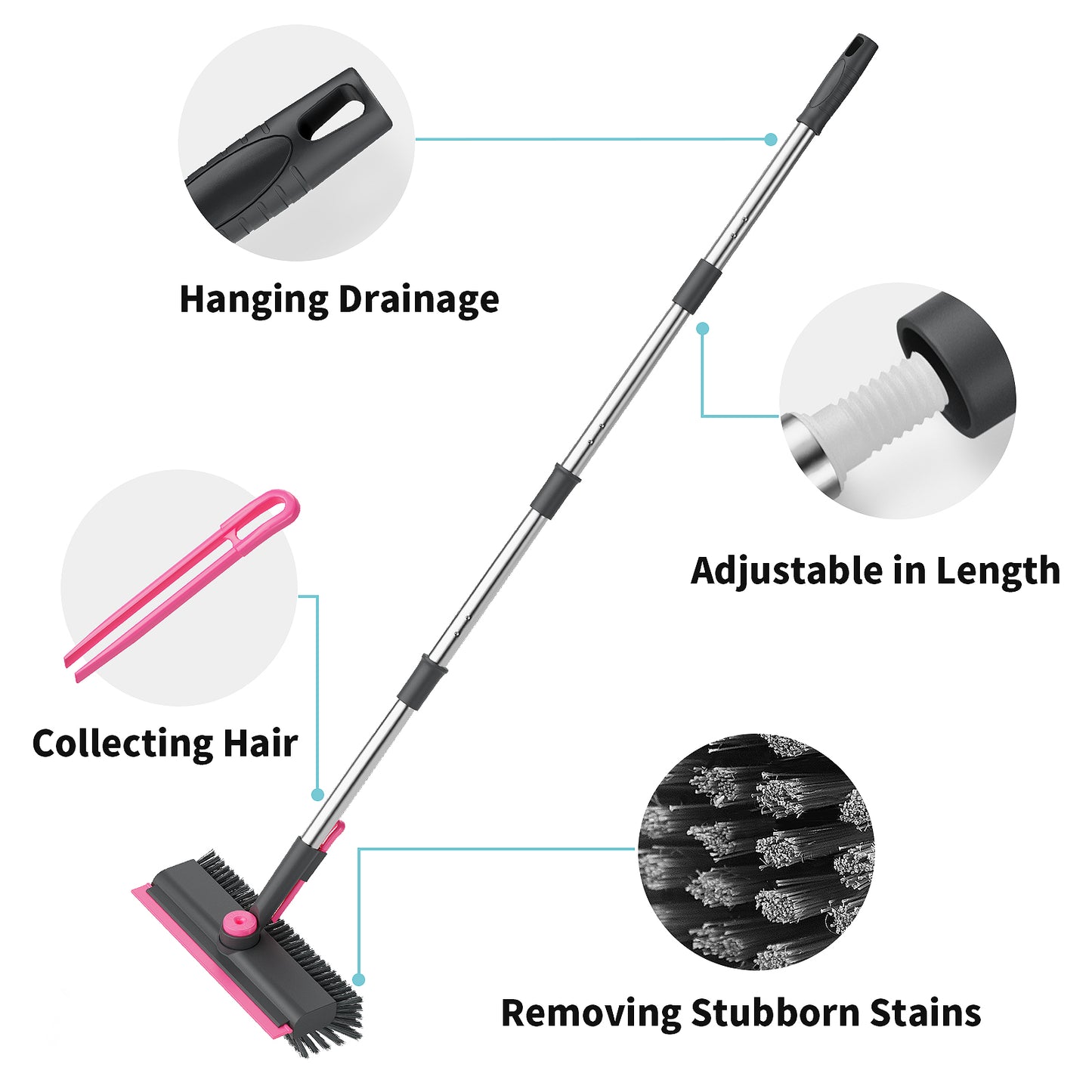 AIR U+ Floor Scrub Brush with Long Handle, 3 in 1 Scrape and Heavy-Duty Stiff Bristle Scrubber Brush for Cleaning Shower Bathroom, Patio, Pool, Garage, Kitchen, Wall and Deck, Gray and Pink