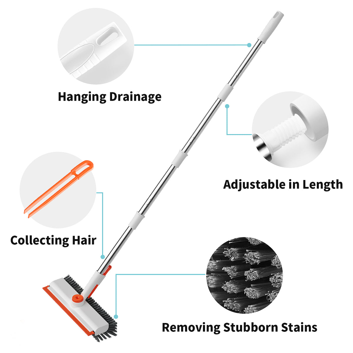 AIR U+ Floor Scrub Brush with Long Handle, 3-in-1 Rotating Head & Squeegee