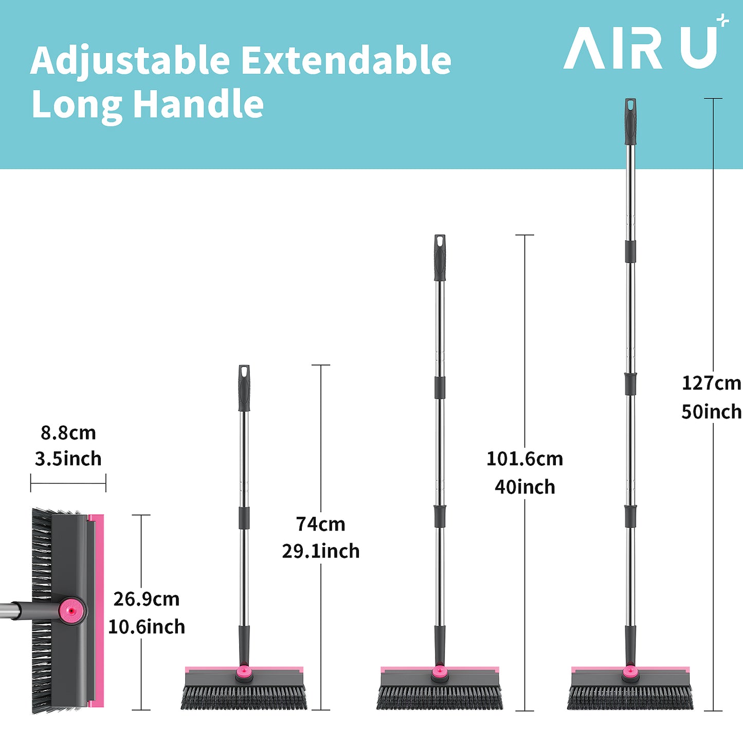 AIR U+ Floor Scrub Brush with Long Handle, 3 in 1 Scrape and Heavy-Duty Stiff Bristle Scrubber Brush for Cleaning Shower Bathroom, Patio, Pool, Garage, Kitchen, Wall and Deck, Gray and Pink