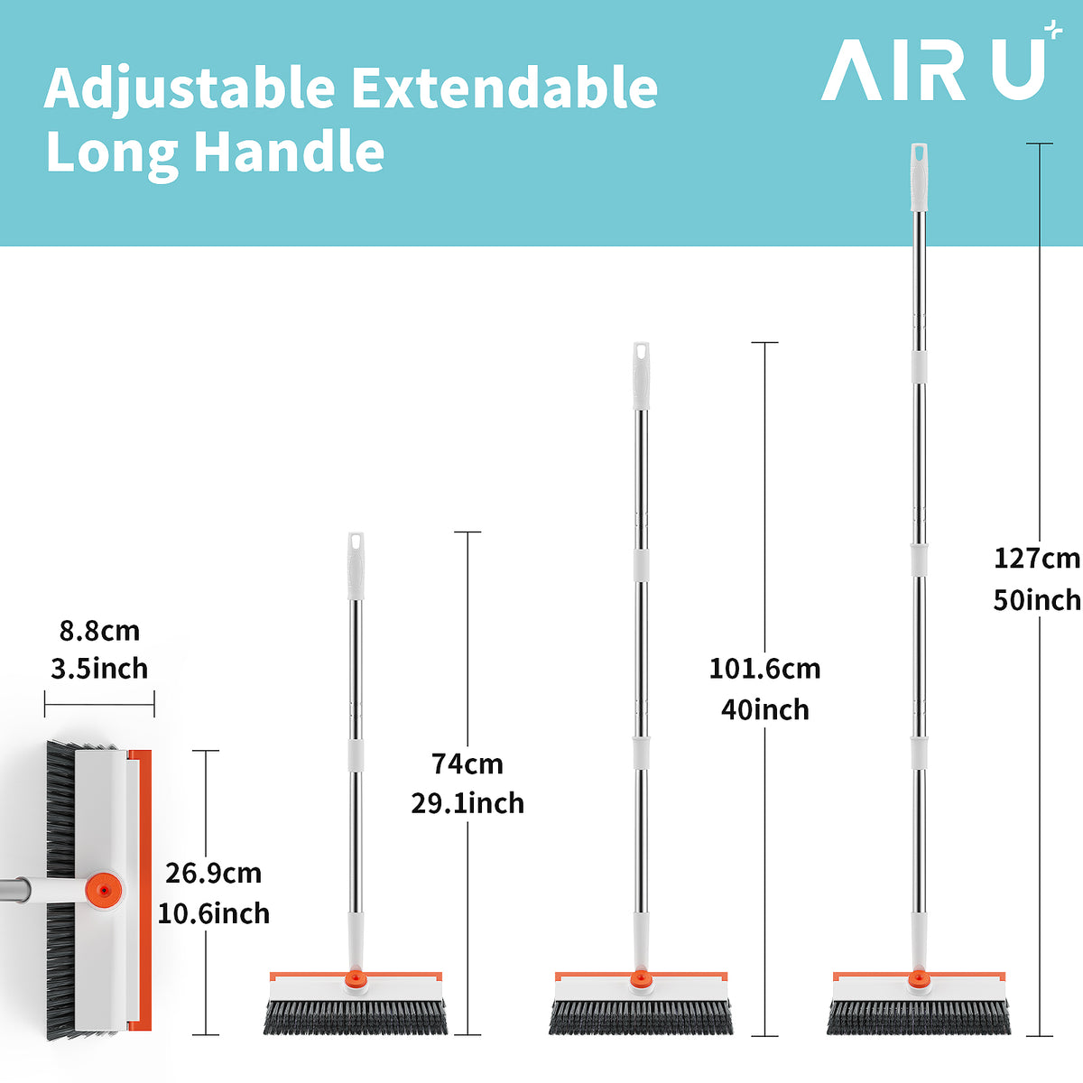 AIR U+ Floor Scrub Brush with Long Handle, 3-in-1 Rotating Head & Squeegee